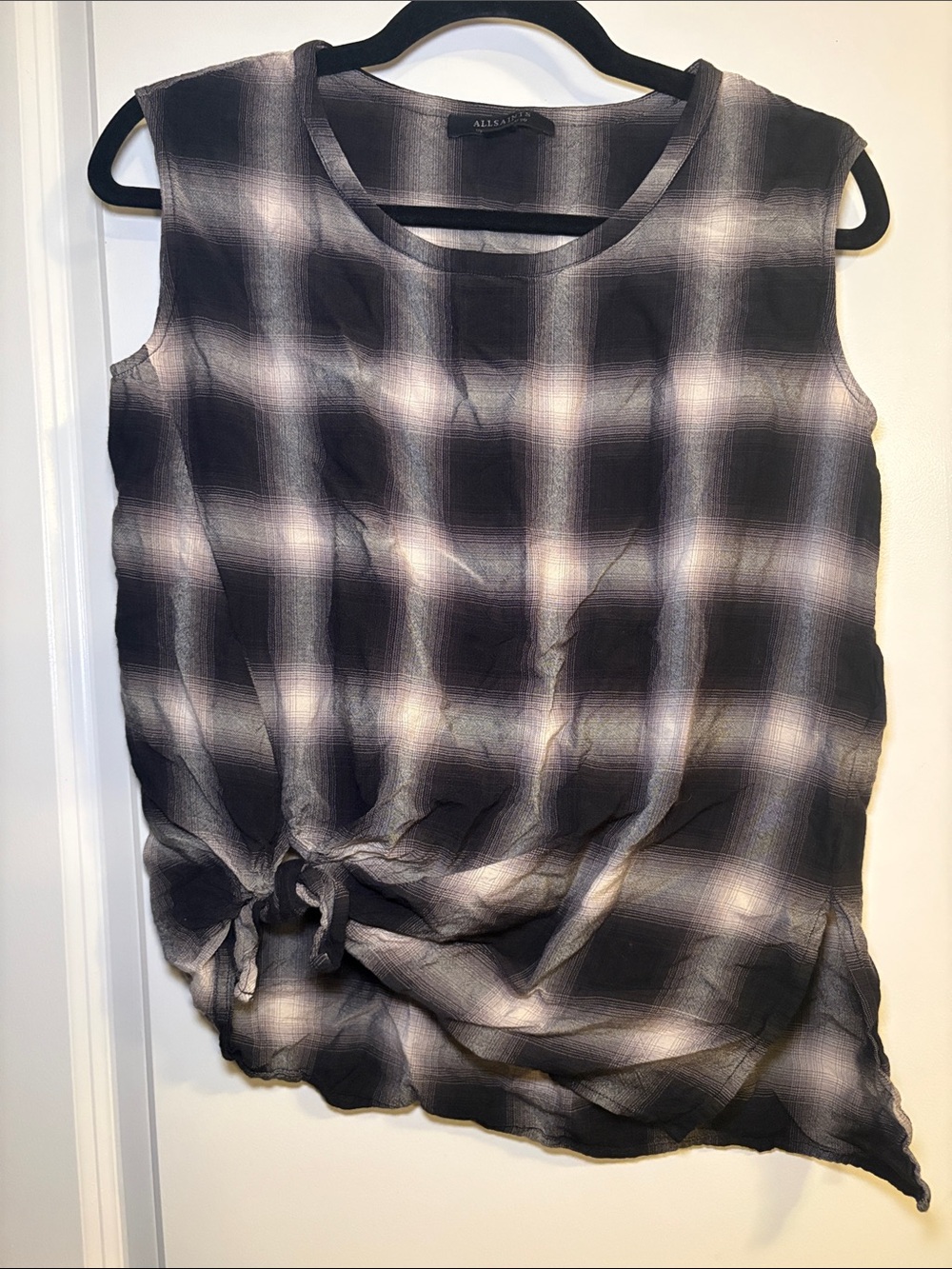 All Saints Black & White Plaid Sleeveless Tie-Front Tank